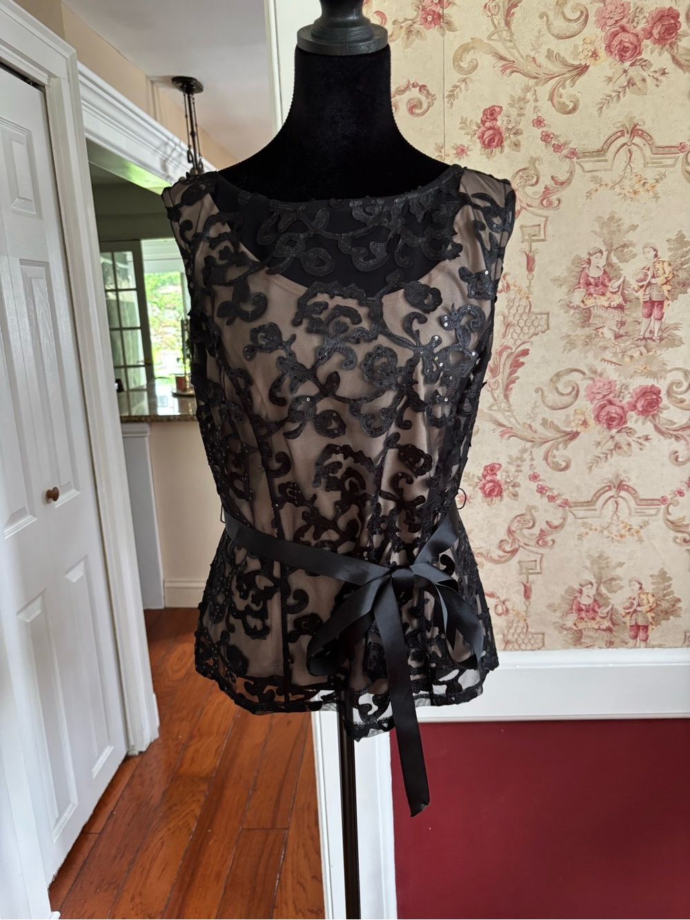 Black Sheer Embroidered Ribbon Tie Top